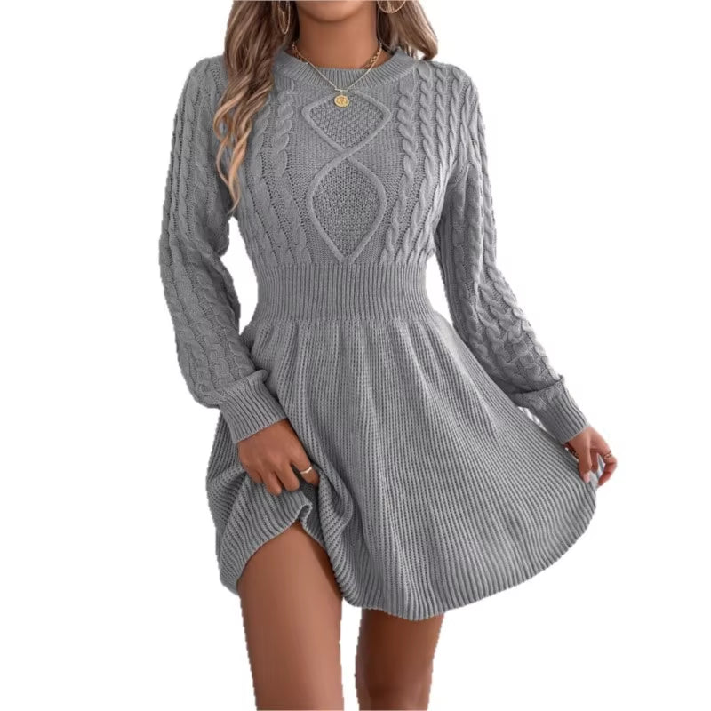 Autumn and Winter 2025 Europe and America Solid Color Fried Dough Twists Waist Lantern Long Sleeve Wool Dress A-Line Dress Dress