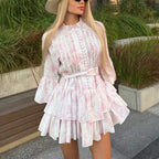 Loose Print Women'S Dress Boho Casual Stand Collar Long Sleeve Mini Dresses Elegant Classic Pleated Female Dress