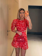 Chic Sweet Floral Print Two Piece Set Women Elegant Puff Sleeve Crop Top Tiered Ruffle Mini Skirt Casual Vacation Party Outfit