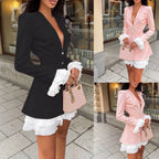 Women A-Line Dresses Retro V Neck Ruffle Hem Stitching Two Pink Long Sleeve Dresses Elegant Blazer Ladies Formal Short Vestidos