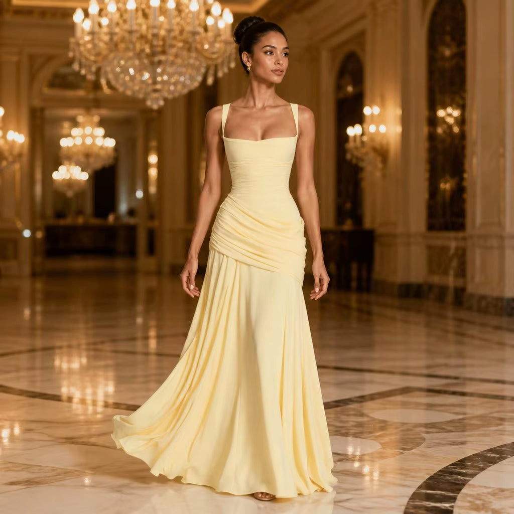 Pastel Yellow Sleeveless Long Dress Women Elegant Ruched Formal Gown Prom Party Bridesmaid Wedding Ceremony Dress