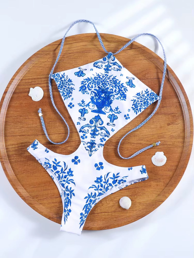 Push up Blue Swimsuit Sexy Swimwear Women Bandeau Beachwear High Waist Bathing Suits Sexy Bodysuit Backless Swimsuits