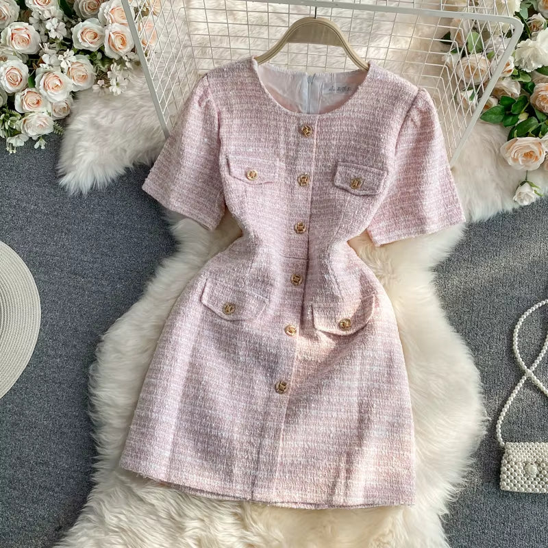 Summer Korean Version of the round Neck Single-Breasted Elegant Short Sleeve Mini Dresses