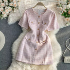 Summer Korean Version of the round Neck Single-Breasted Elegant Short Sleeve Mini Dresses