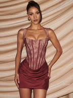 Sexy Lace Corset Mini Dress Women Square Neck Sleeveless Lace‑Up Ruched Bodycon Short Dress Elegant Cocktail Club Party Vestidos