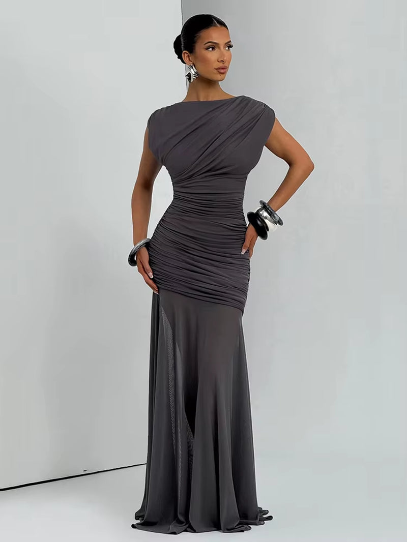 Elegant Sleeveless Mesh Patchwork Tight Pleated Long Dress Women'S Bodycon Party Club Evening Dress Autumn New 2025