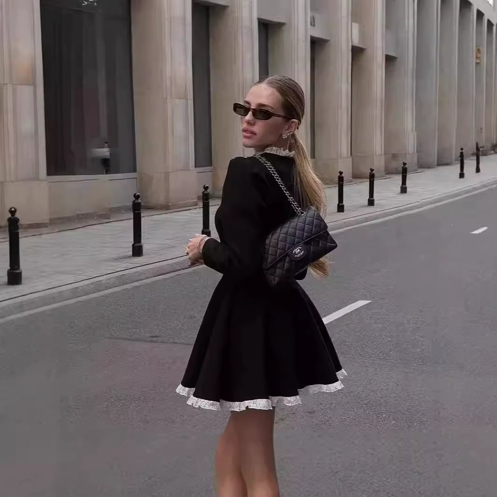French Women Black Slim Waist Mini Dress, Regular Sleeve A-Line Dress with White Lace Trim Hem