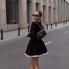 French Women Black Slim Waist Mini Dress, Regular Sleeve A-Line Dress with White Lace Trim Hem