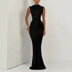 Women Retro Fashion Satin Mermaid Maxi Dress 2026 Autumn Solid Draped Sleeveless Backless Waist Cinch Bodycon Party Long Dress