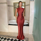 Women Retro Fashion Satin Mermaid Maxi Dress 2026 Autumn Solid Draped Sleeveless Backless Waist Cinch Bodycon Party Long Dress