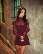 Sexy Women'S Burgundy Mini Dress Luxury Turtleneck Transparent Long Sleeve A-Line Short Dresses Evening Party Prom Cocktai New