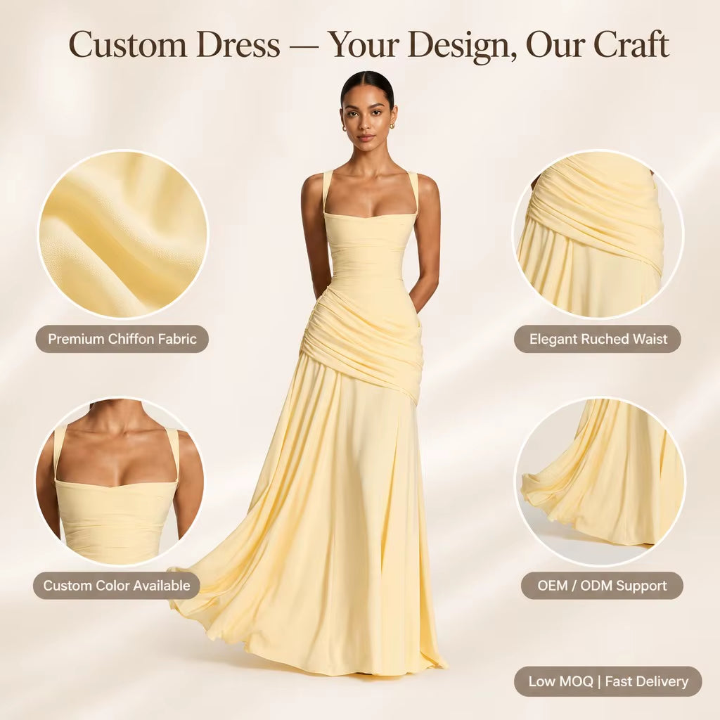 Pastel Yellow Sleeveless Long Dress Women Elegant Ruched Formal Gown Prom Party Bridesmaid Wedding Ceremony Dress