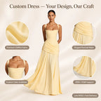 Pastel Yellow Sleeveless Long Dress Women Elegant Ruched Formal Gown Prom Party Bridesmaid Wedding Ceremony Dress