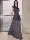 Elegant Sleeveless Mesh Patchwork Tight Pleated Long Dress Women'S Bodycon Party Club Evening Dress Autumn New 2025