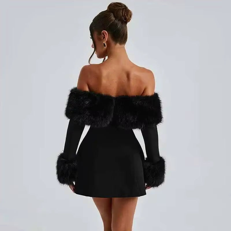 off Shoulder Backless Sexy A-Line Dress Women 2024 Elegant Party Dress Long Sleeve Mini Autumn Winter Dress Vestidos