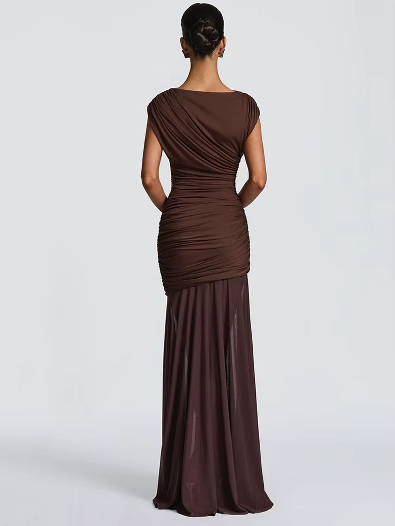 Elegant Sleeveless Mesh Patchwork Tight Pleated Long Dress Women'S Bodycon Party Club Evening Dress Autumn New 2025