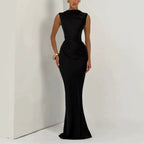 Women Retro Fashion Satin Mermaid Maxi Dress 2026 Autumn Solid Draped Sleeveless Backless Waist Cinch Bodycon Party Long Dress