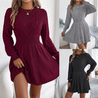 Autumn and Winter 2025 Europe and America Solid Color Fried Dough Twists Waist Lantern Long Sleeve Wool Dress A-Line Dress Dress