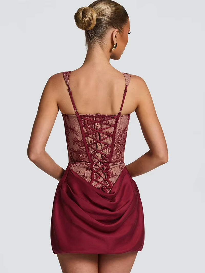 Sexy Lace Corset Mini Dress Women Square Neck Sleeveless Lace‑Up Ruched Bodycon Short Dress Elegant Cocktail Club Party Vestidos
