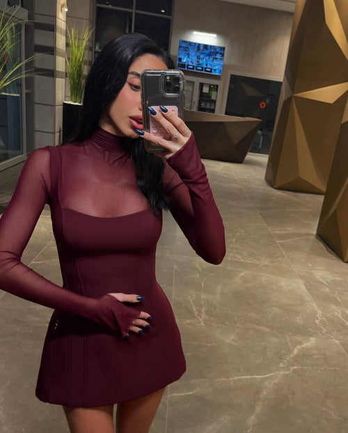 Sexy Women'S Burgundy Mini Dress Luxury Turtleneck Transparent Long Sleeve A-Line Short Dresses Evening Party Prom Cocktai New