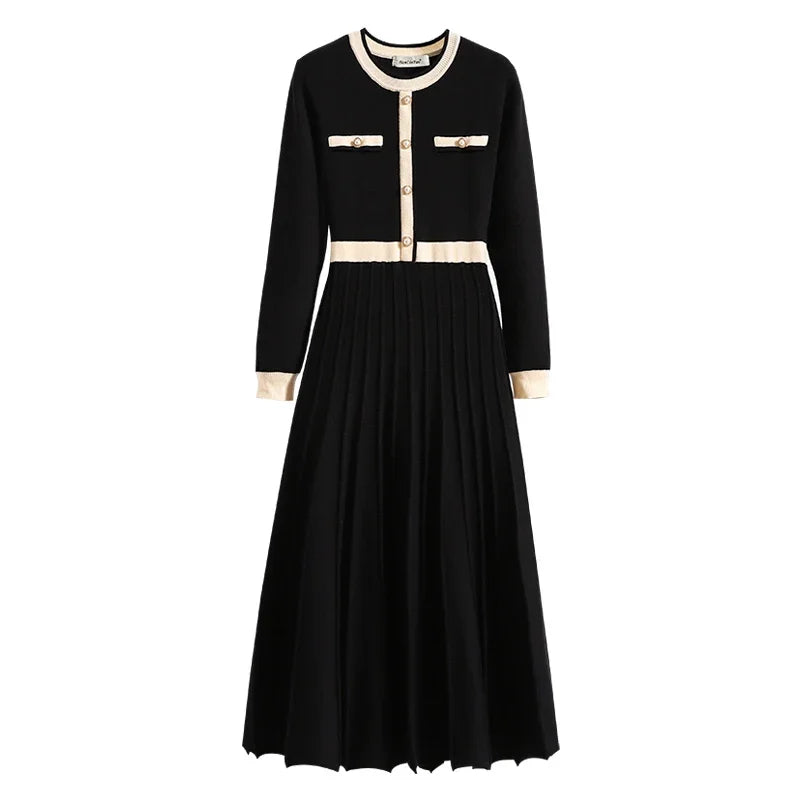 Office Ladies Elegant Knitted Midi Dresses for Woman Long Sleeve High Waist Patchwork A-Line Knitting Dresses Vestidos De Fiesta
