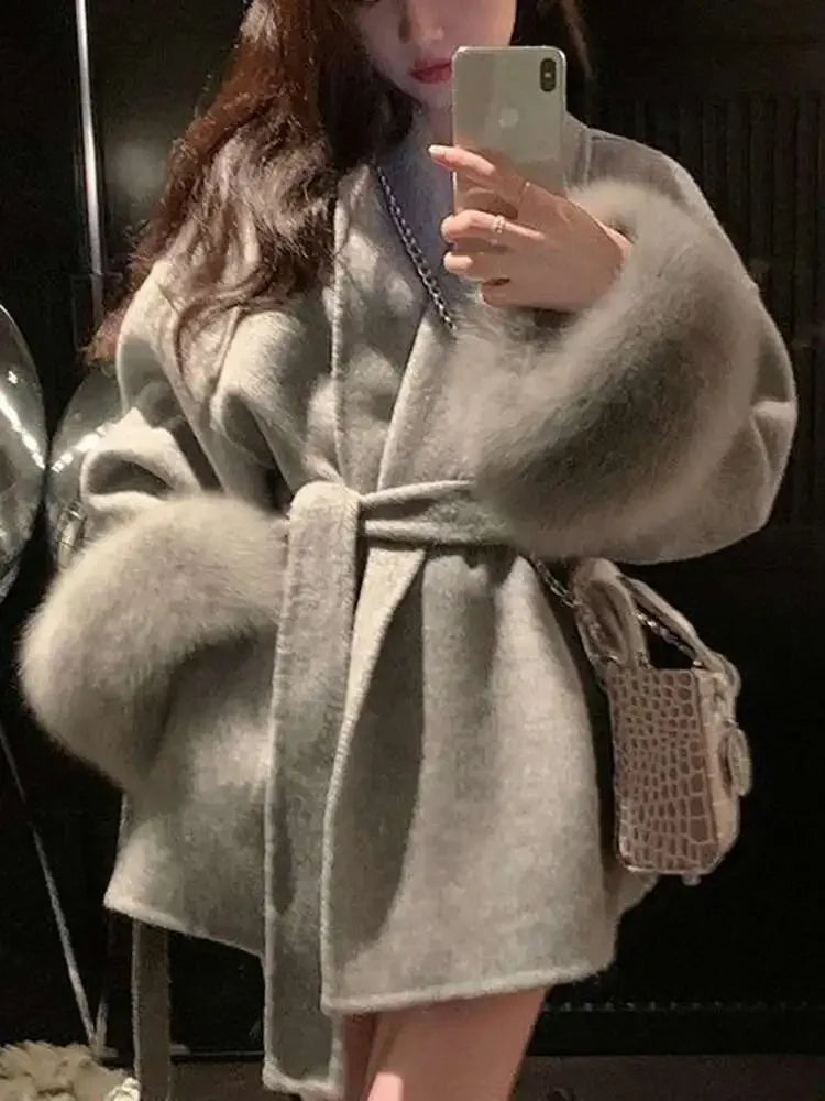 Elegant OL Office Lady Overcoats Fur Patchwork Long Sleeve Woolen Coat Beautiful Women'S Clothing Jacket Autumn 2025 Spring