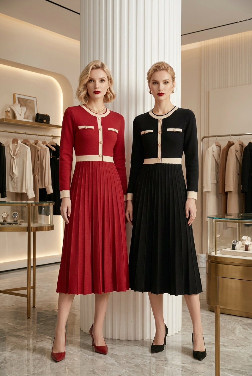 Office Ladies Elegant Knitted Midi Dresses for Woman Long Sleeve High Waist Patchwork A-Line Knitting Dresses Vestidos De Fiesta