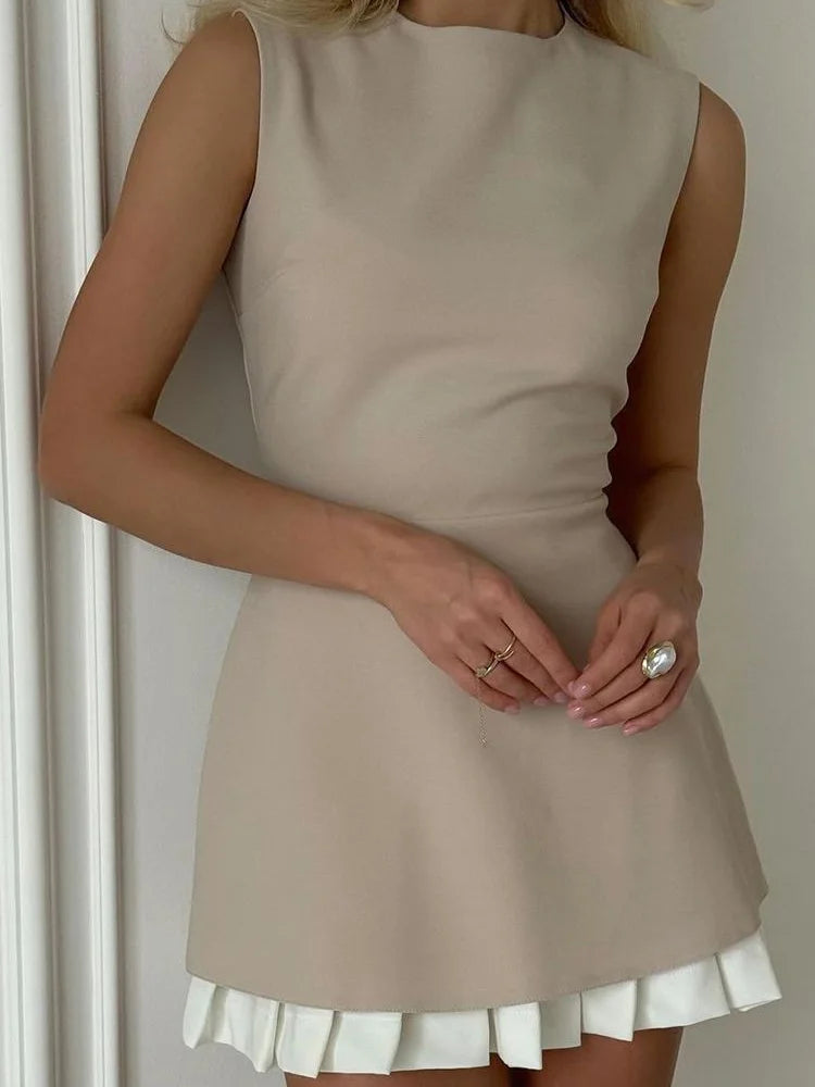 Lady Office Commute High Street Mini Dress Elegant Patchwork Pleated Short Dress for Women Fashion Slim Sleeveless Vestidos