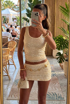 Women Sparkly Sequin 2 Piece Skirt Outfits Summer Sleeveless Crop Tank Top Sexy Bodycon Mini Skirt Matching Sets Club Party Rave