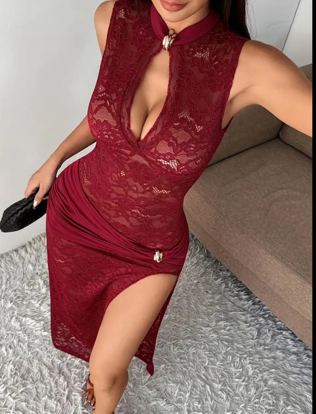 Sheer Lace Bodycon Long Dress Sexy Women'S Hollow Out Slit Tight Maxi Dresses Summer Evening Party Cocktail Black Burgundy White