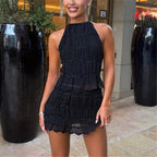 Two Piece Skirt Set for Women Y2K Lace Sheer Mesh Ruched Halter Top Smocked Mini Skirt Summer Beach Matching Outfits