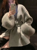 Elegant OL Office Lady Overcoats Fur Patchwork Long Sleeve Woolen Coat Beautiful Women'S Clothing Jacket Autumn 2025 Spring