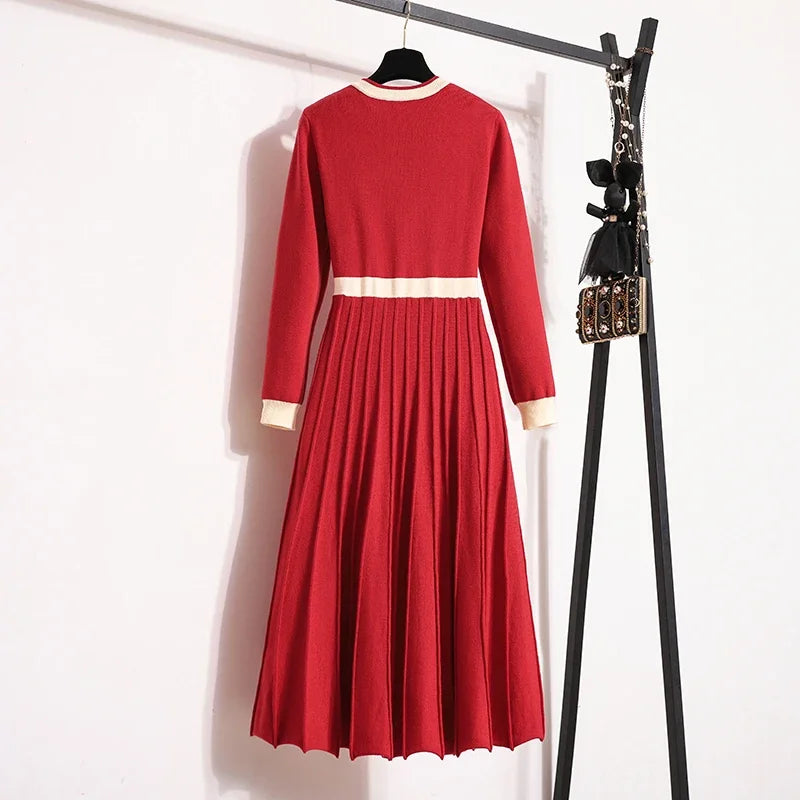 Office Ladies Elegant Knitted Midi Dresses for Woman Long Sleeve High Waist Patchwork A-Line Knitting Dresses Vestidos De Fiesta