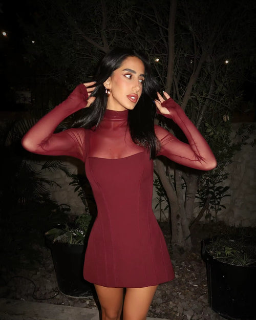 Sexy Women'S Burgundy Mini Dress Luxury Turtleneck Transparent Long Sleeve A-Line Short Dresses Evening Party Prom Cocktai New
