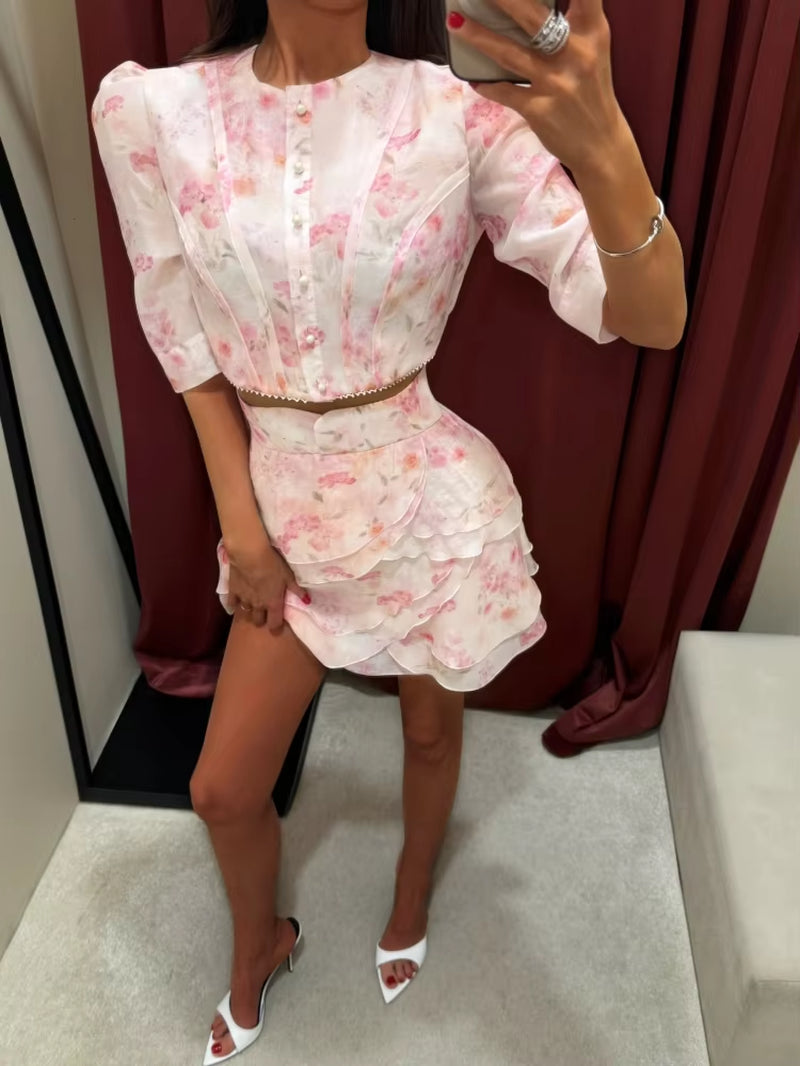 Chic Sweet Floral Print Two Piece Set Women Elegant Puff Sleeve Crop Top Tiered Ruffle Mini Skirt Casual Vacation Party Outfit