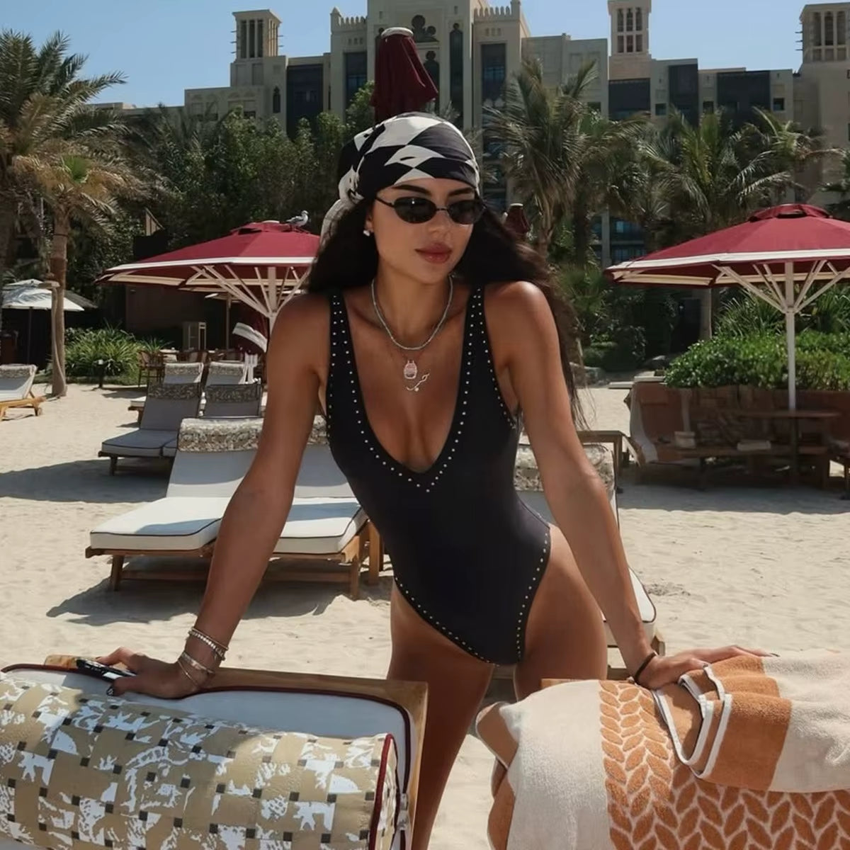 Sexy Deep V One Piece Swimsuit for Women,Rivet Decor High Cut Slimming Beach Swimwear,2026 One-Piece Bikini for Island Vacation