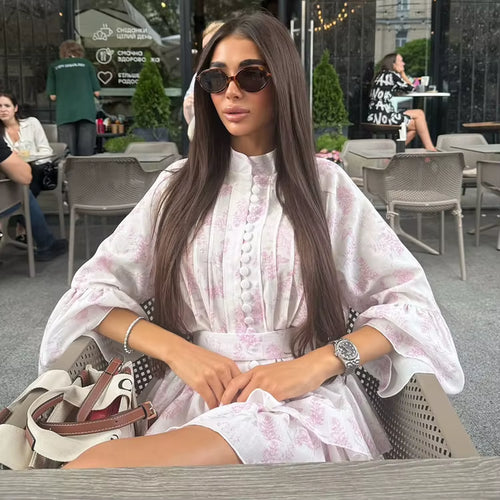 Loose Print Women'S Dress Boho Casual Stand Collar Long Sleeve Mini Dresses Elegant Classic Pleated Female Dress