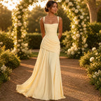Pastel Yellow Sleeveless Long Dress Women Elegant Ruched Formal Gown Prom Party Bridesmaid Wedding Ceremony Dress