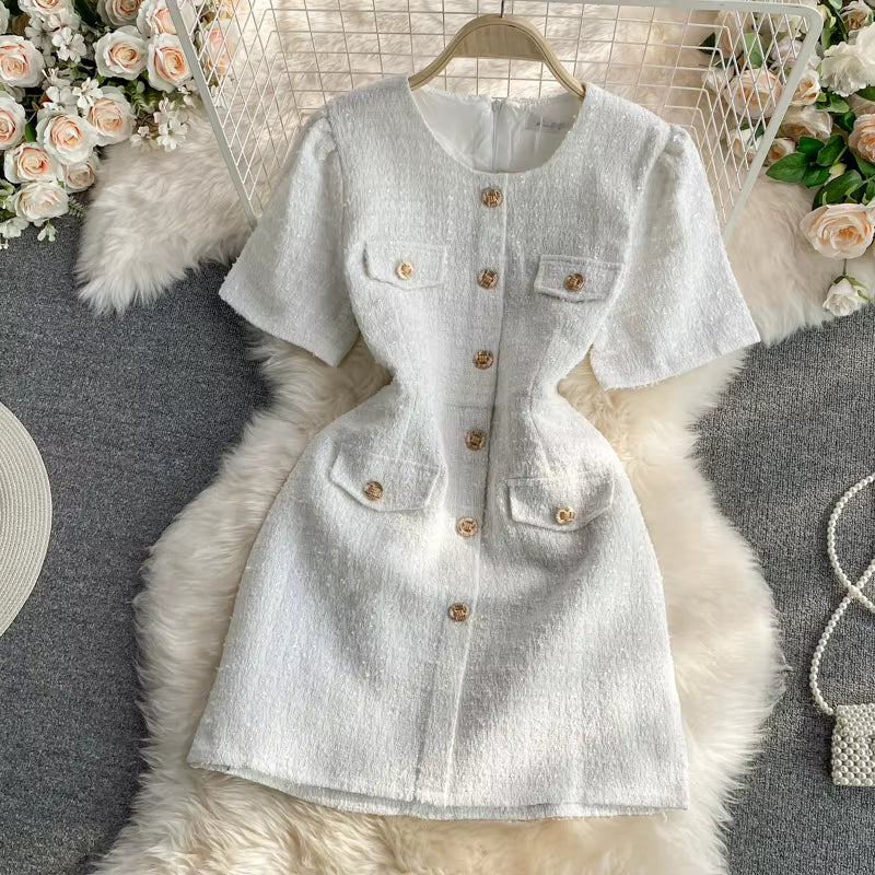 Summer Korean Version of the round Neck Single-Breasted Elegant Short Sleeve Mini Dresses
