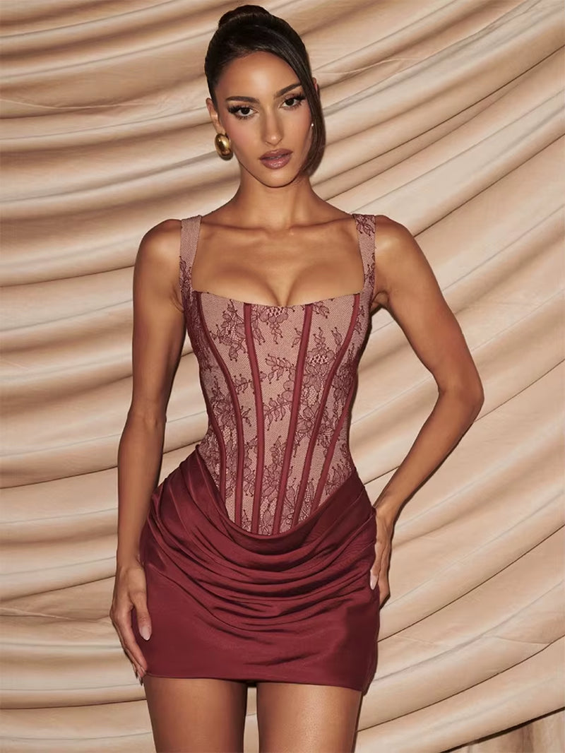 Sexy Lace Corset Mini Dress Women Square Neck Sleeveless Lace‑Up Ruched Bodycon Short Dress Elegant Cocktail Club Party Vestidos