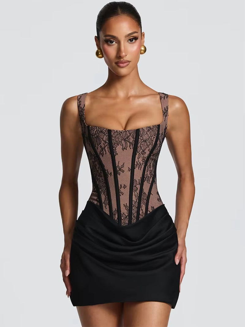 Sexy Lace Corset Mini Dress Women Square Neck Sleeveless Lace‑Up Ruched Bodycon Short Dress Elegant Cocktail Club Party Vestidos