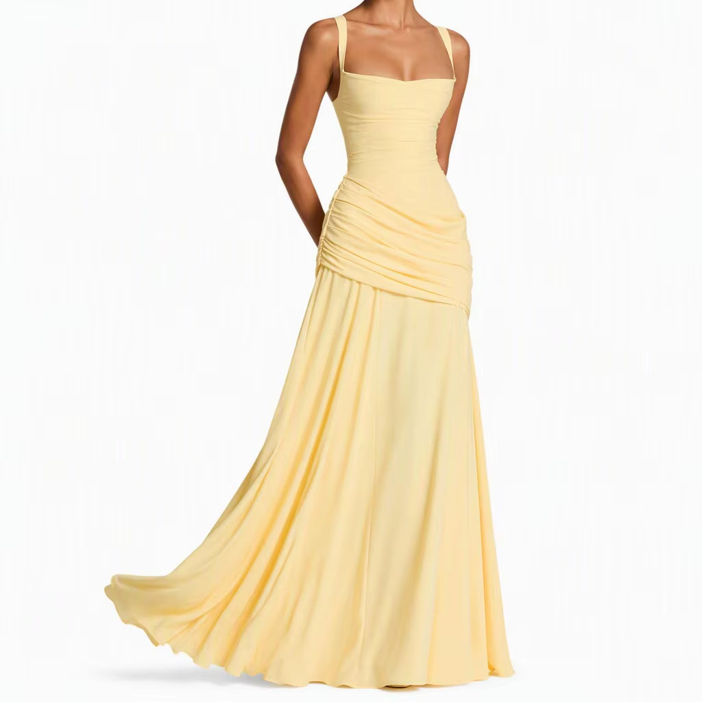 Pastel Yellow Sleeveless Long Dress Women Elegant Ruched Formal Gown Prom Party Bridesmaid Wedding Ceremony Dress