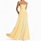 Pastel Yellow Sleeveless Long Dress Women Elegant Ruched Formal Gown Prom Party Bridesmaid Wedding Ceremony Dress