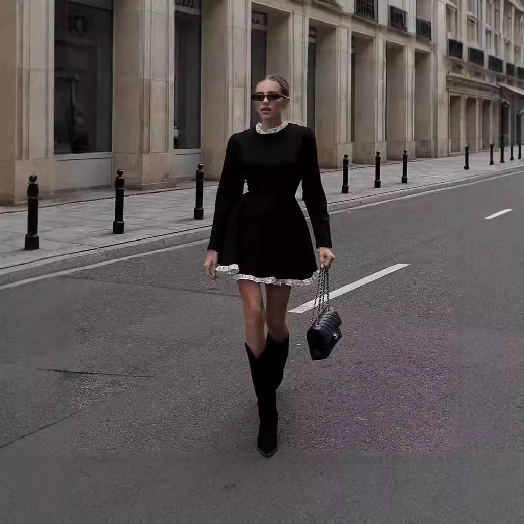 French Women Black Slim Waist Mini Dress, Regular Sleeve A-Line Dress with White Lace Trim Hem