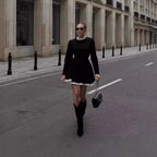 French Women Black Slim Waist Mini Dress, Regular Sleeve A-Line Dress with White Lace Trim Hem