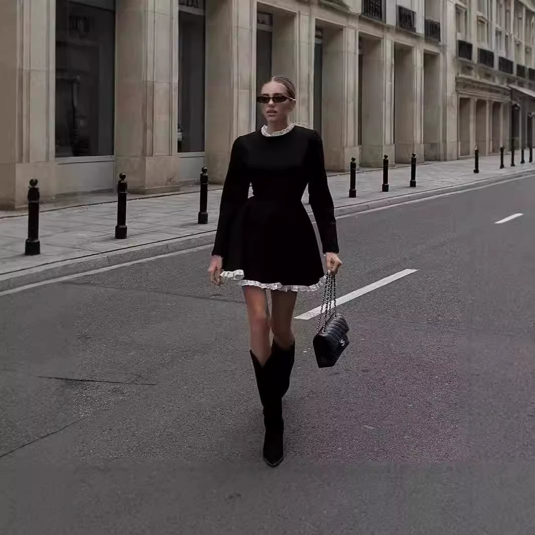 French Women Black Slim Waist Mini Dress, Regular Sleeve A-Line Dress with White Lace Trim Hem